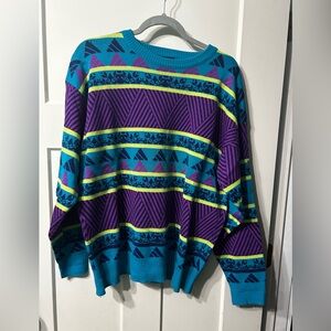 Vintage 90’s Demetre Virgin Wool Geometric Ski Sweater Purple/Teal/Green